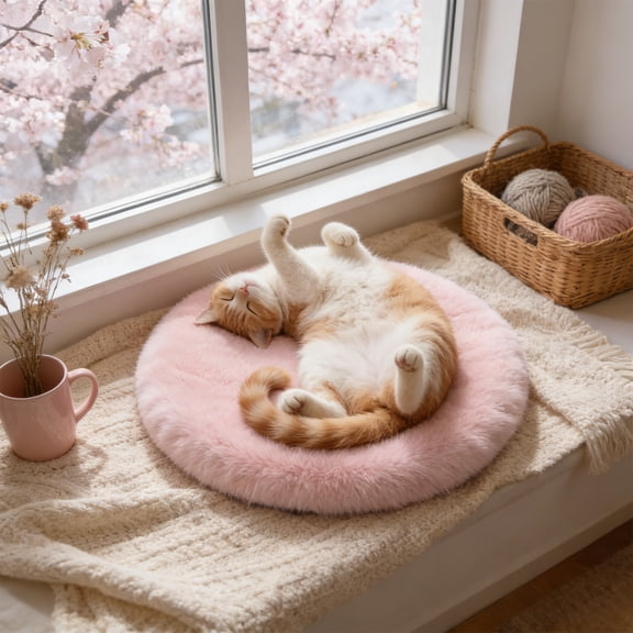 Round Plush Cat Bed 20 Inch Faux Sherpa Warm & Machine Washable for Cats and Small Dogs All Season Indoor Pet Mat with Non-Slip Bottom