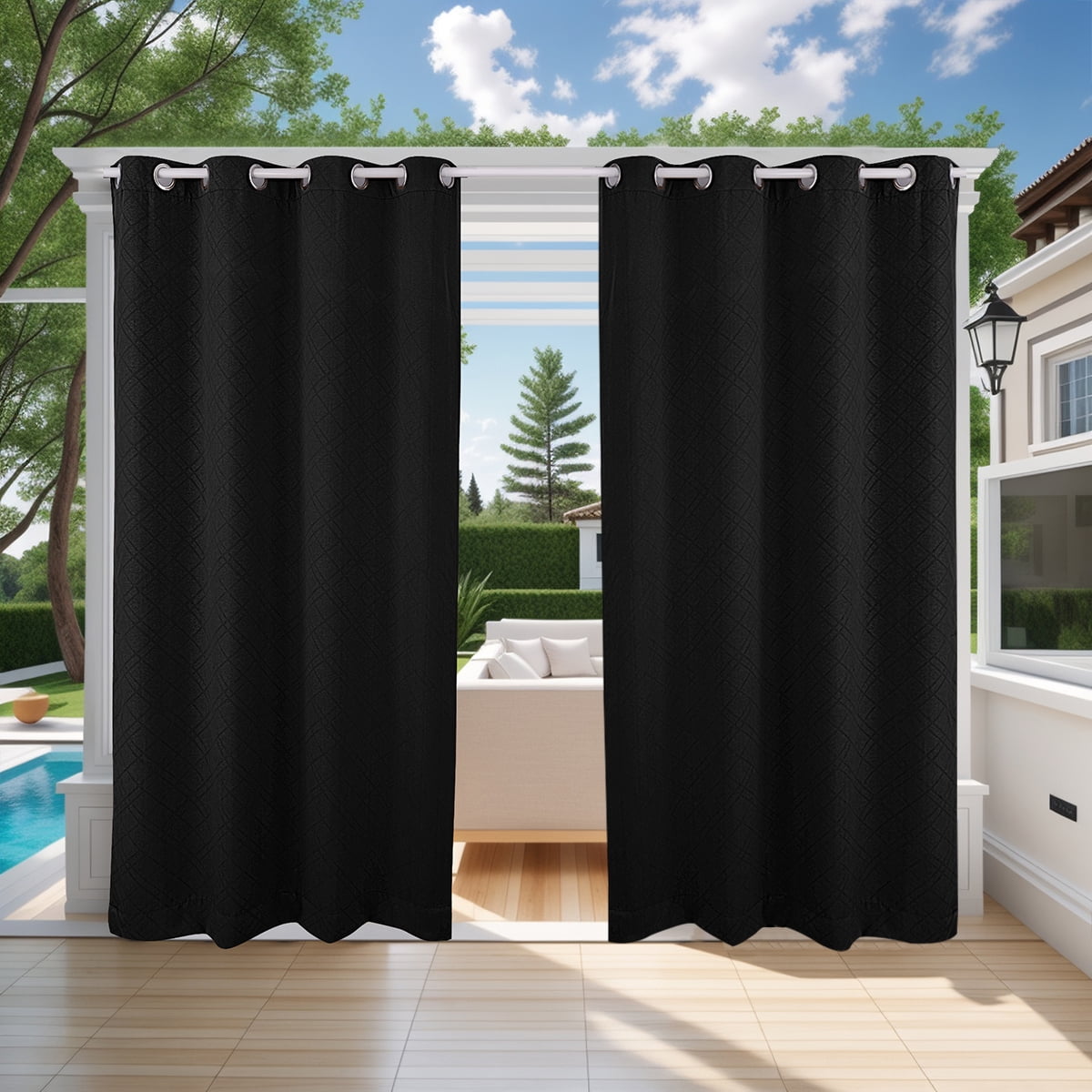 SHANNA Outdoor Curtains, Waterproof Windproof UV Protection Blackout Curtains with Eyelets, 3D Textured Pattern for Garden, Pergola, Balcony, Black, 52 X 84 inch