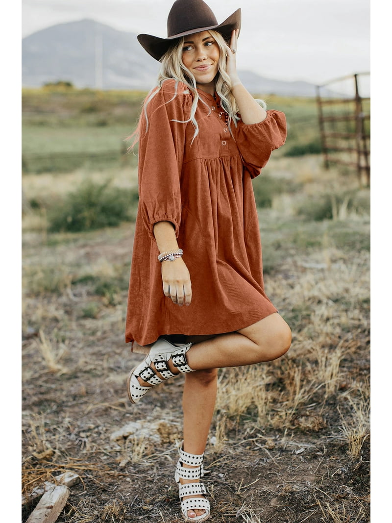 Women's Gold Flame Corduroy Empire Waist Snap Button Mini Dress | [ZhiHiMeRi] | (US 16-18)xl