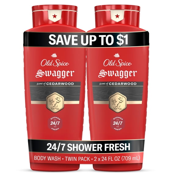 Old Spice Body Wash for Men, Swagger Cedarwood, 24/7 Shower Fresh, 24 fl oz, 2-Pack