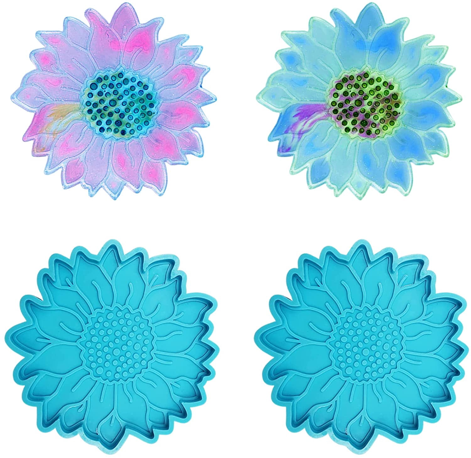 7 Pieces Epoxy Resin Casting Coaster Molds, DaKuan 2 Pieces Sun Flower Coaster Molds, 4 Pieces Star Coaster Molds and 1 Pieces Coaster Stand Storage Mold