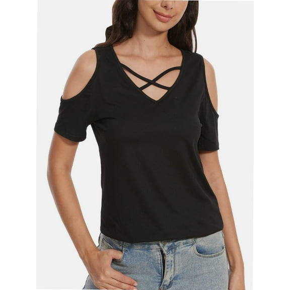 Womens Summer Shirts Short Sleeve V Neck Criss Cross Cold Shoulder Tops Blouse