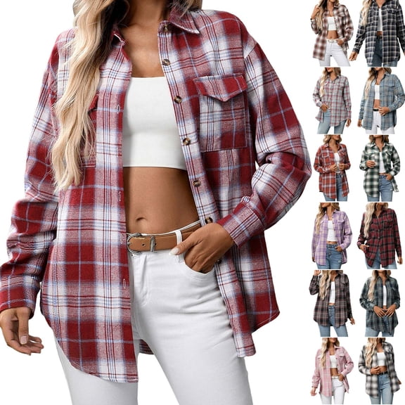 zaveiop Womens and Girls Long Sleeve Flannel Shirt Casual Button Down Plaid Shirts (Red, XXL)