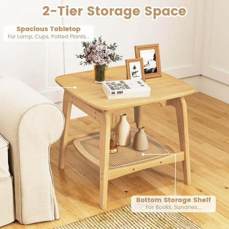 Costway 1 PCS Bamboo Sofa Side Table with Faux Rattan Storage Shelf Boho End Table Living Room - Natural
