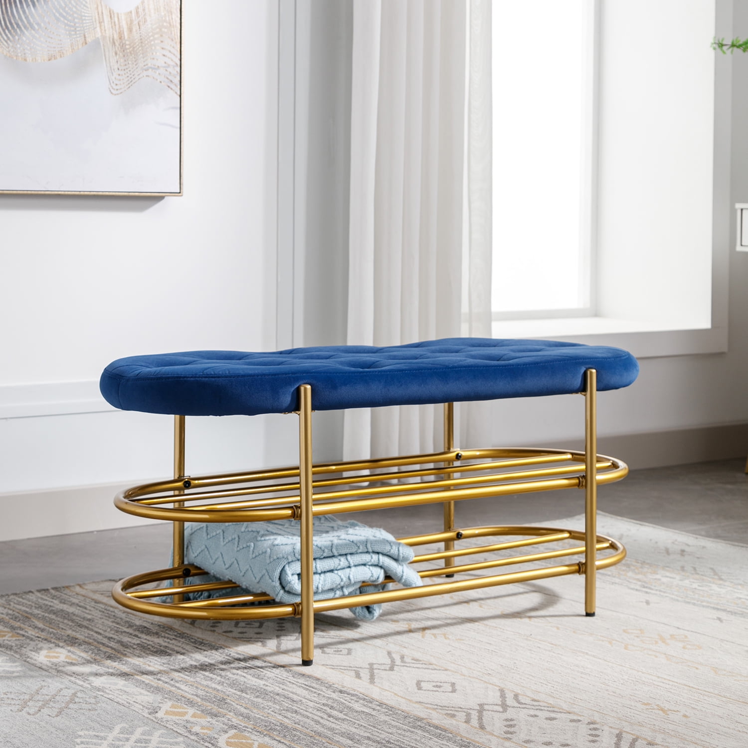 Kepooman Navy Beach, Upholstered End of Bed Bench with 2 Shelf, Velvet Storage Beach for Living Room Kepooman Navy Beach, Upholstered End of Bed Bench with 2 Shelf, Velvet Storage Beach for Living Room