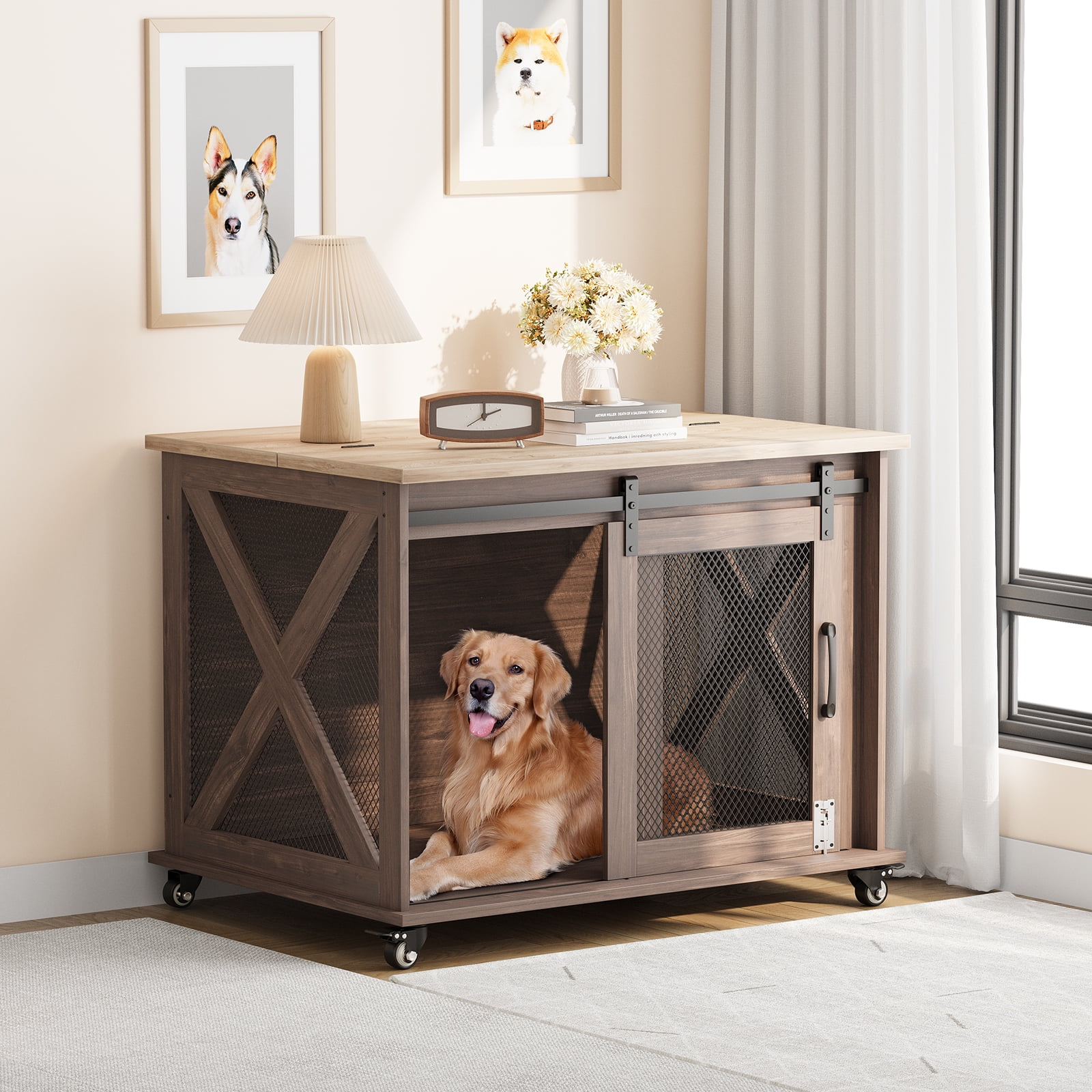 Farmhouse Chic: 37" Dog Crate as Home Decor | Stylish Sliding Door Kennel That Enhances Your Living Space