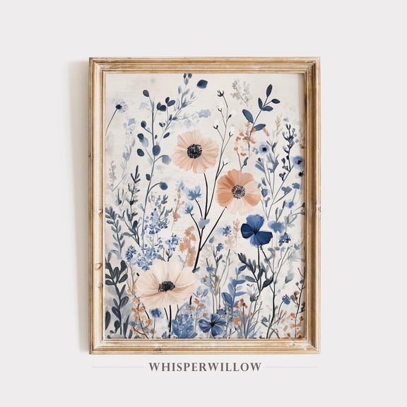 Neutral Blue Peach Wildflower,, Elegant Boho Flower, Nursery Girls Room Decor, Minimal Modern Home Decor, 8x12 UNFRAMED