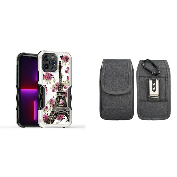 Case and Pouch Bundle for iPhone 14: Heavy Duty Armor Rugged Case (Eiffel Tower Flowers) and Vertical Nylon Fabric Belt Holster (Grey)