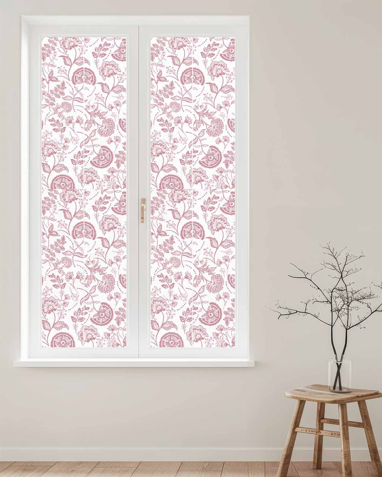 Window Privacy Film Boho Pink Floral Stained Glass Window Film Decorative Sun Block Window Cover Vintage Farmhouse Paisley Plant Leaf Window Clings Static Adhesive Sticker for Bathroom 23.6"x78.7"