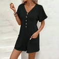 thumbnail image 4 of aidice Jumpsuit for Women V Neck Button Short Sleeve Ruched Loose Casual Zip Rompers Shorts Pockets, 4 of 5