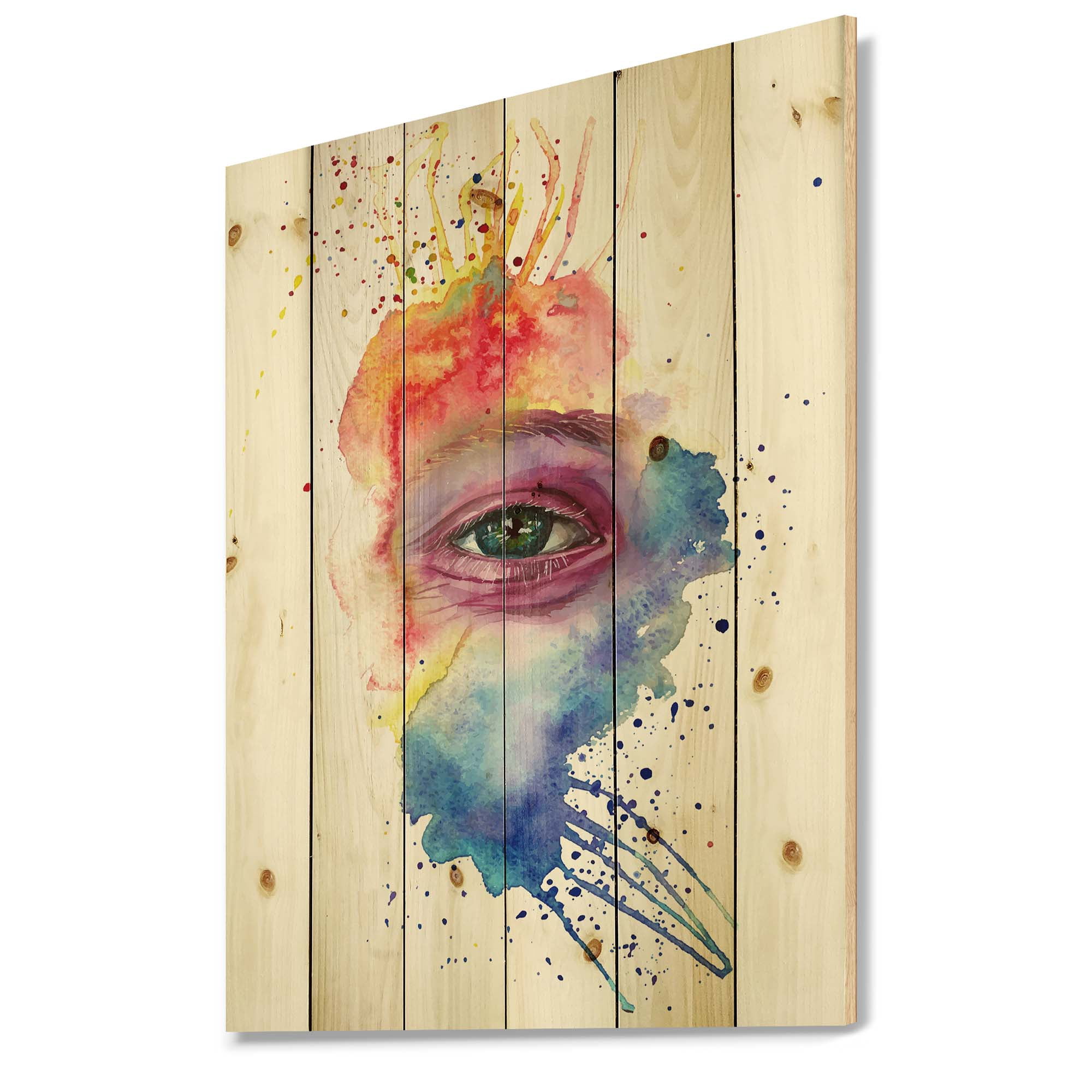 Designart 'Detail of Eye In Rainbow-Colored Face Portrait' Bohemian & Eclectic Print on Natural Pine Wood