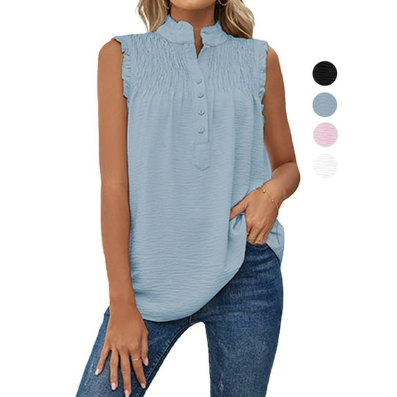 Gustave Women Summer Mock Neck Tank Tops Casual Ruffle Sleeveless Shirts Chiffon Button Up Blouses Loose Fit Dressy Tunic Tops "Blue, S"