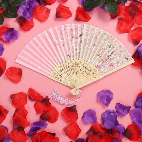 MLINS 2pcs 6 Inch Folding Fan Handheld Fan Simulated Silk Folding Fan Folding with Tassel for Dancing Performance  Cherry Blossom (Pink)