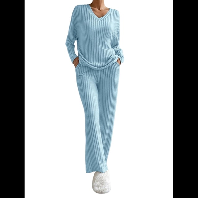 Conjunto de Pijama de Dos Piezas de Punto Acanalado para Mujer: Suéter de Larga y Pantalón . Azul M