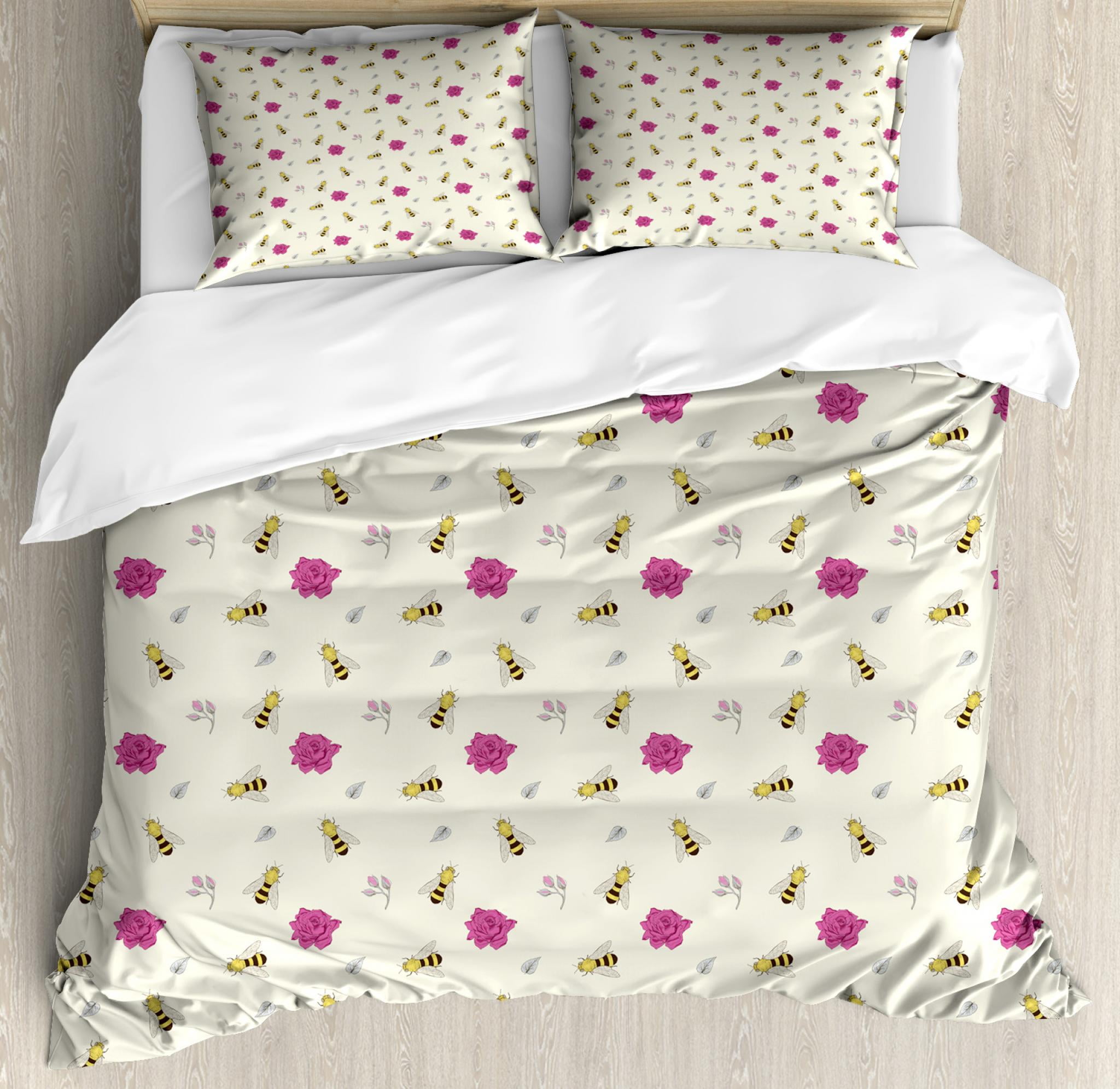 Bee Queen Size Duvet Cover Set, Artistic HandDrawn Honey Bees Rose