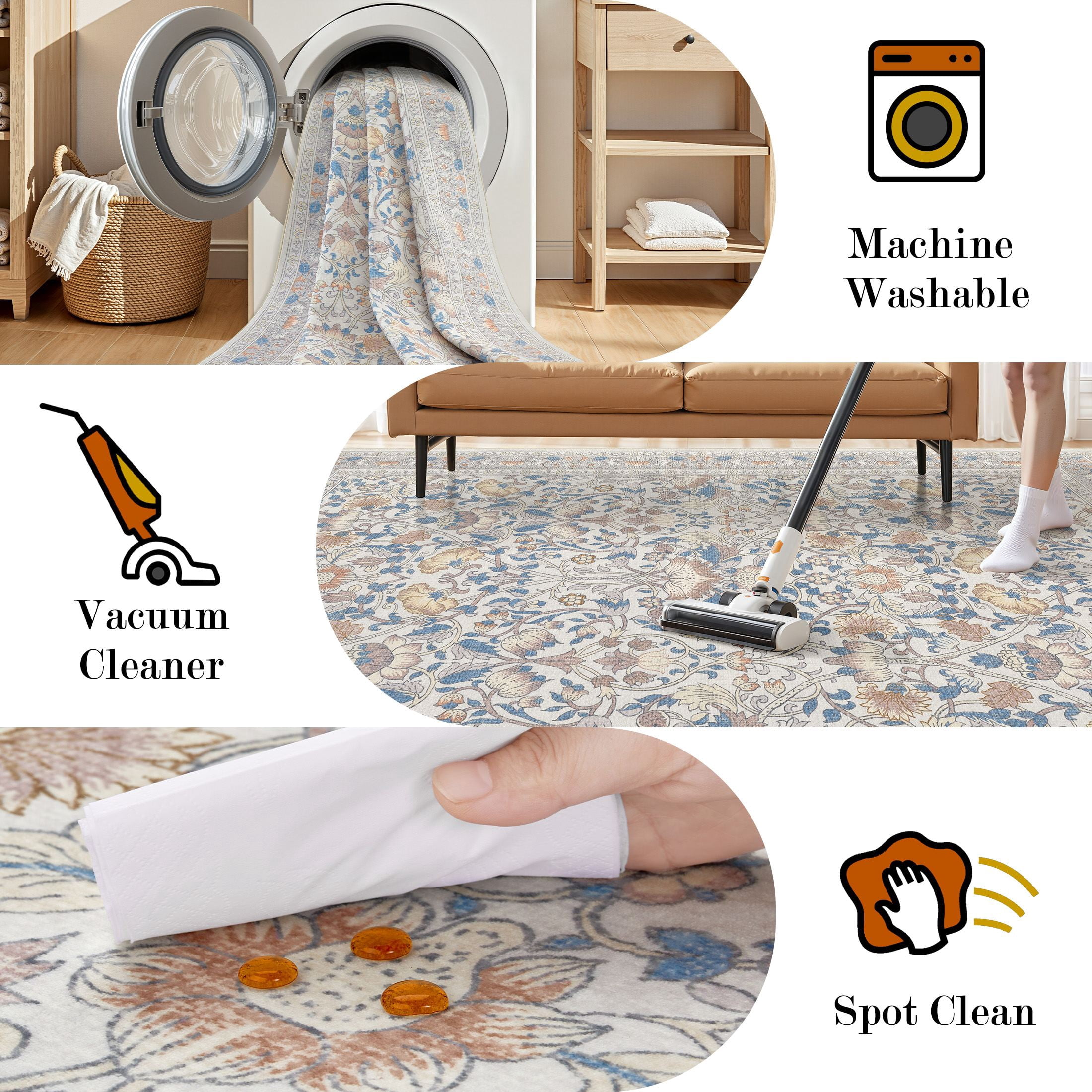 UERMEI 2x3 Small Area Rugs for Entryway, Machine Washable Non Slip Indoor Door Mats, Floral Throw Rug for Bedroom Hallway, Laundry Room Carpets - Beige/Blue/Brown
