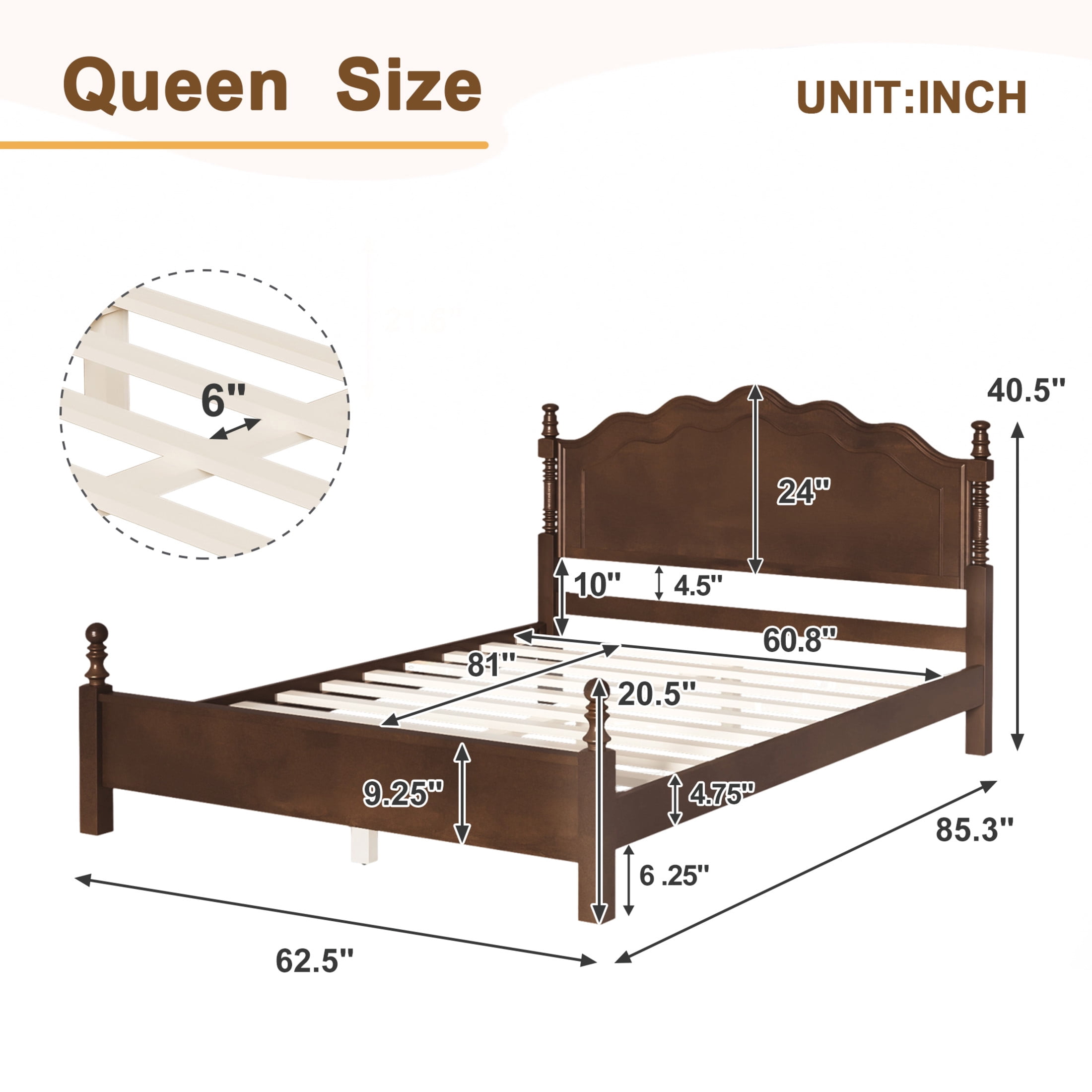Noble House Queen Size Wood Platform Bed with Curved Headboard, Spindle Posts, Espresso