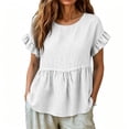 thumbnail image 3 of hoksml Women's Cotton Linen Ruffle Sleeve Peplum Blouse, Round Neck Casual Babydoll Top, Loose Fit Summer Daily Office Wear Shirt, 3 of 7