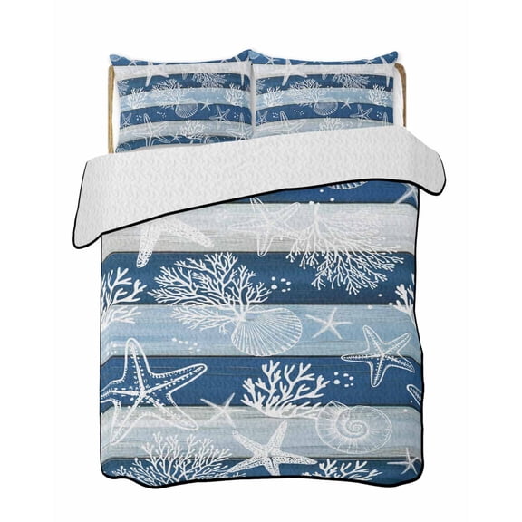 Twin XL Quilt Bedding Set, Navy Blue Coastal Beach Reversible Summer Quilt 3 Pieces, Nautical Starfish Coral Vintage Wooden Lightweight Bedspreads Coverlets with 2 Pillow Shams for All Seasons