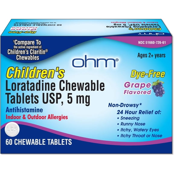 Ohm Children's Allergy Medicine, Loratadine 5mg, Chewable Tablets (60 Count) Grape Flavor, Non-Drowsy Antihistamine, 24-Hour Allergy Relief for Runny Nose, Watery Eyes, Itchy Throat & Nose