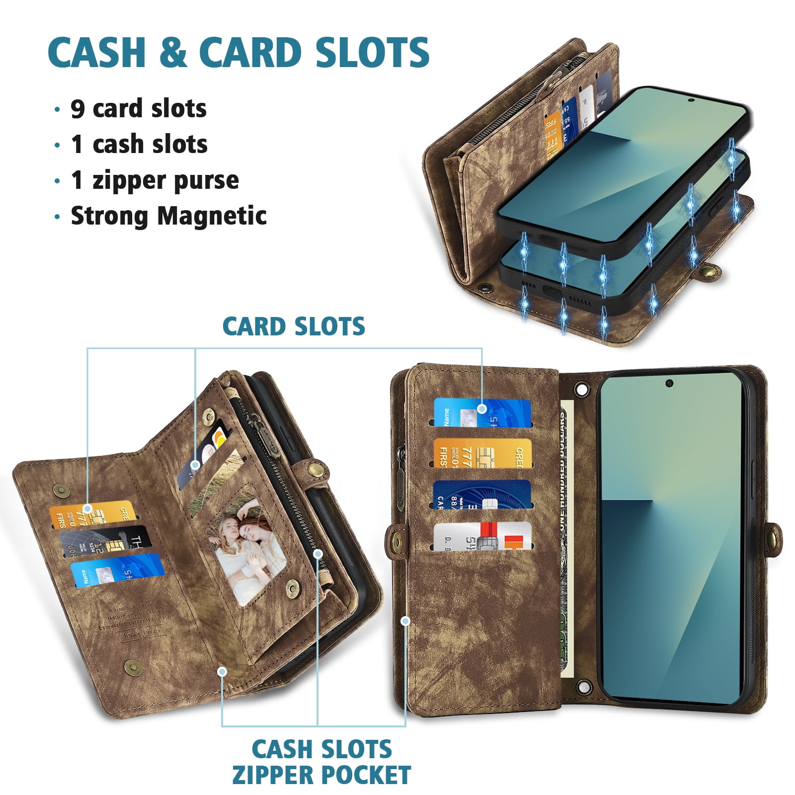Asuwish Phone Case for Samsung Galaxy Z Fold 7 Zipper Wallet Detachable Cell Cover Crossbody Lanyard Strap Flip Card Holder ZFold Z7 G Fold7 7Z Women Girls Brown