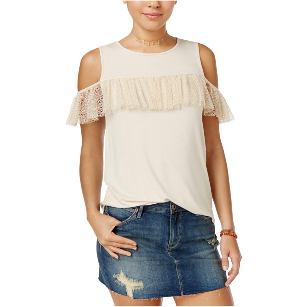 Gypsies & Moondust Blusa de punto con ribete de volantes para mujer, beige, pequeña