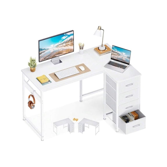 L-Shaped Desk with 4 Drawers - 40-Inch Small White Computer Desk with Storage, Reversible Kids Study Desk with Hook, Corner Desk for Home Office