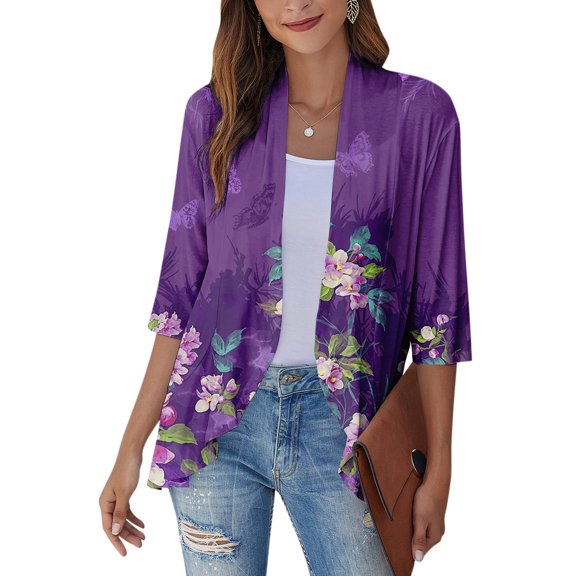 JULMCOMO Lightweight Duster Top 3/4 Sleeve Cardigan Sweaters for Women Lightweight Open Front Shrug Cardigan Floral Print Dressy Casual Cute Coat Jacket
