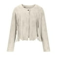 thumbnail image 4 of BUIgtTklOP Women's Temperament Leather Velvet Tassel Trim Button Placket Jacket Solid Color Long Sleeved Tassel Jacket Cardigan, 4 of 6