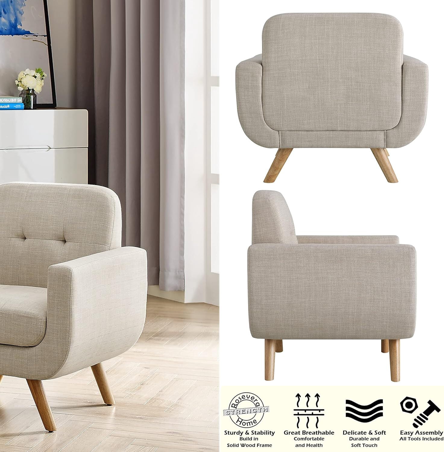 Modern Accent Chair with Linen Fabric, Soft Ergonomic Upholstered Armchair Comfy Single Sofa Lounge Chair for Living Room, Apartment, Office,Beige