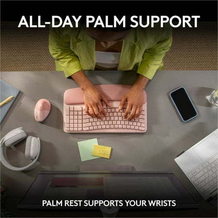 Logitech - Wave Keys Ergonomic Wireless Keyboard for Windows/Mac with Integrated Palm-rest - Rose