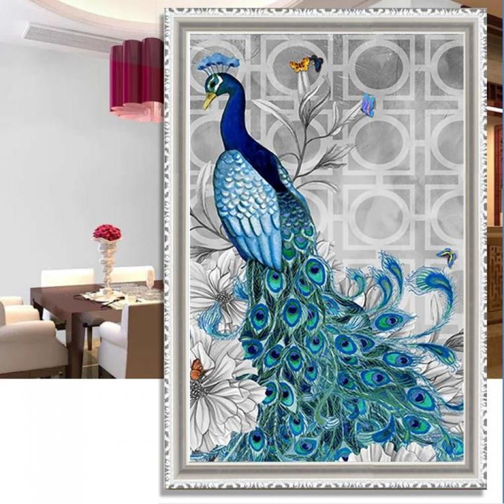 Adult Elite Level Full Drill Round Diamond Painting Kit Royal Blue Peacock  38X21 Inches 