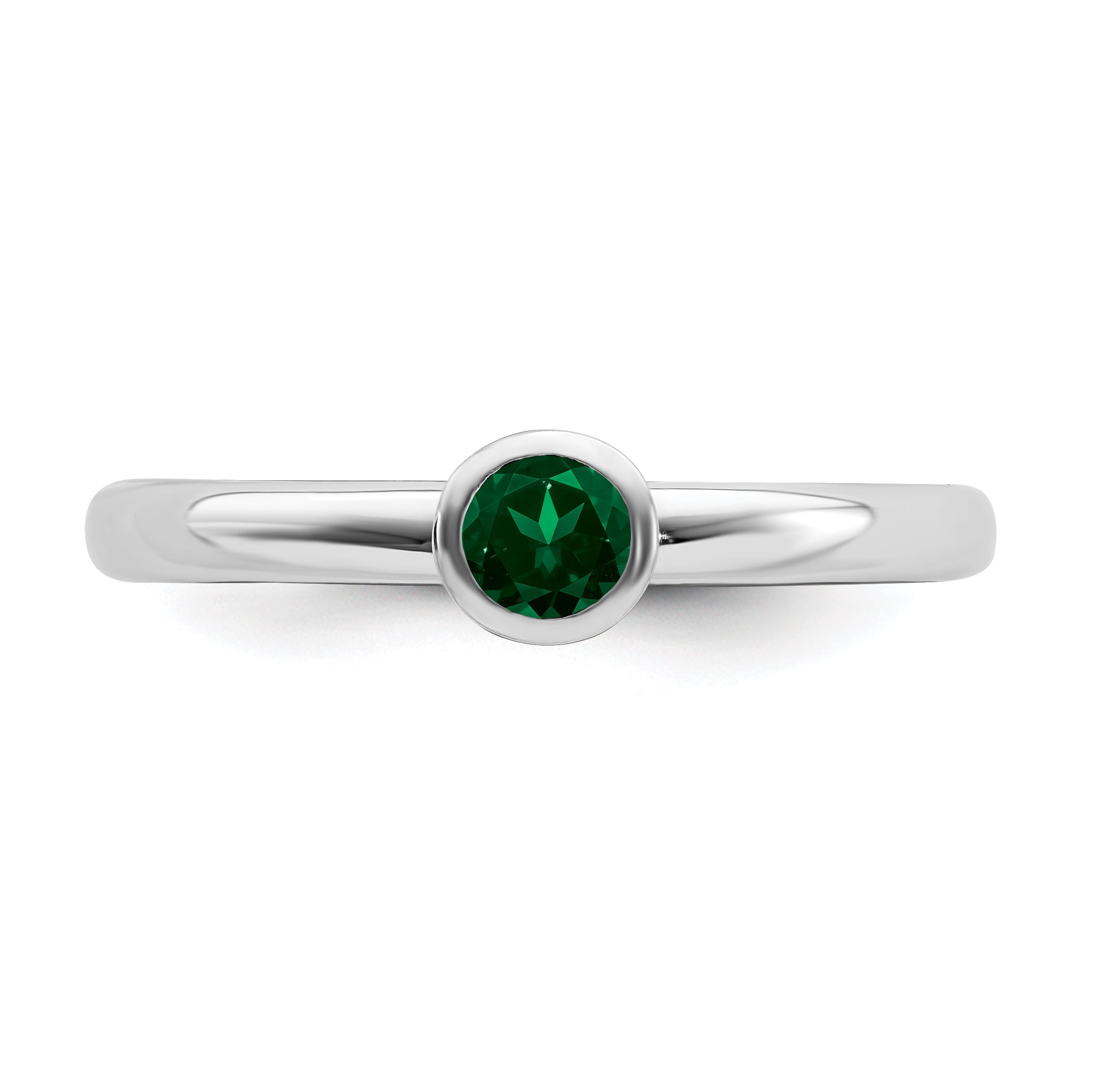 High 4mm Round Created Emerald Sterling Silver Ring