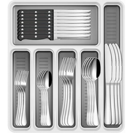 48-Piece Silverware Set with Organizer, Stainless Steel Silverware Flatware Set for 8, Kitchen Utensils with Steak Knives, Mirror Polished Dinner Knife, Forks, Spoons, Tableware Serving Tray