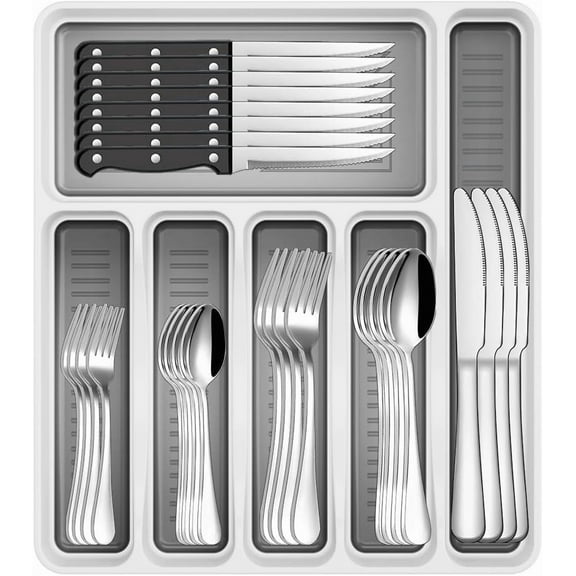 48-Piece Silverware Set with Organizer, Stainless Steel Silverware Flatware Set for 8, Kitchen Utensils with Steak Knives, Mirror Polished Dinner Knife, Forks, Spoons, Tableware Serving Tray