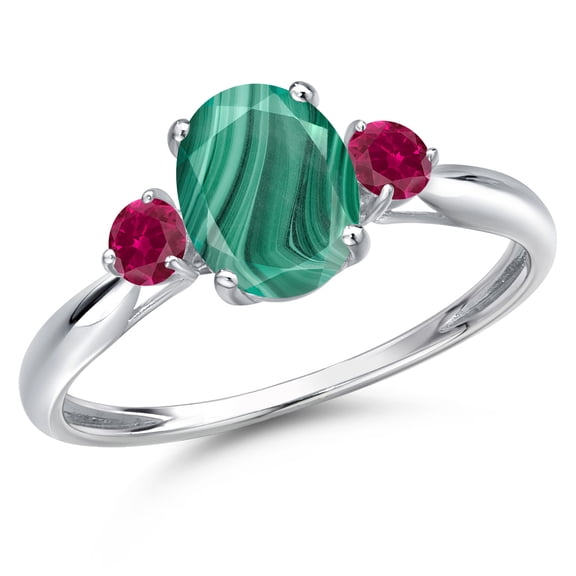 Gem Stone King 10K White Gold Green Malachite and Red Created Ruby 3-Stone Ring for Women | 2.28 Cttw | Oval 8X6MM | Gemstone Birthstone | Size 8