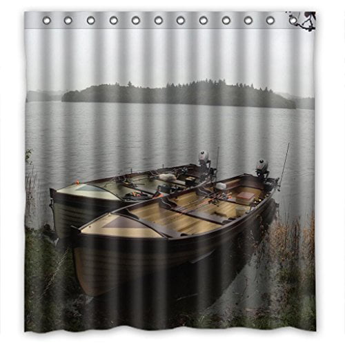 HelloDecor River bank fishing boat Shower Curtain