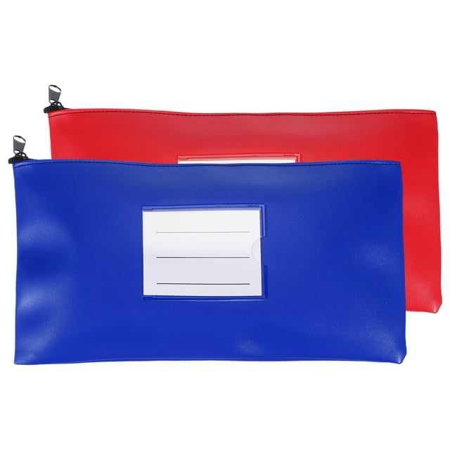 11x6 Inch Money Bags with Zipper, 2Pcs PU Leather Cash Deposit Bank Pouch Envelopes Check Wallet for Coin Cosmetics Invioce Bill, Red/Blue