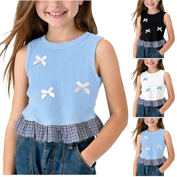 Ahuyic Summer Girls Top,Toddler Girls Cotton Tank Top,Childrens Spring And Summer Solid Color Puffed Sleeves Short Sleeves Round Neck T-shirt Top For Kids
