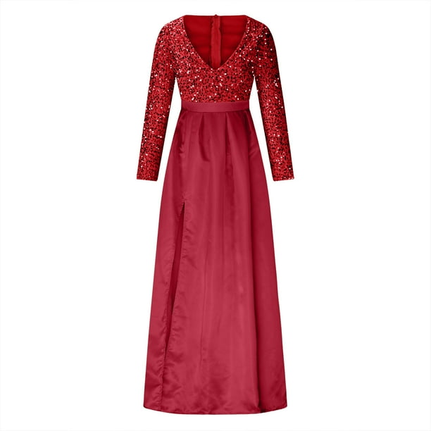 Ayolanni Extra Long Womens Party Dresses Red V-Neck Sequin Long Sleeve Evening Gown Dresses Girls' Dresses L, Women's, Size: 4,6,8,10,12,14,16,18,20