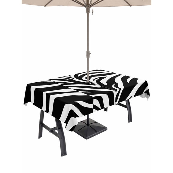 Outdoor Tablecloth with Umbrella Hole for Patio/Picnic/Party/Camping, White Zebra Striped Waterproof Table Cloth Rectangle Table Cover Washable, Animals Fur Abstract Art (60"x 84")