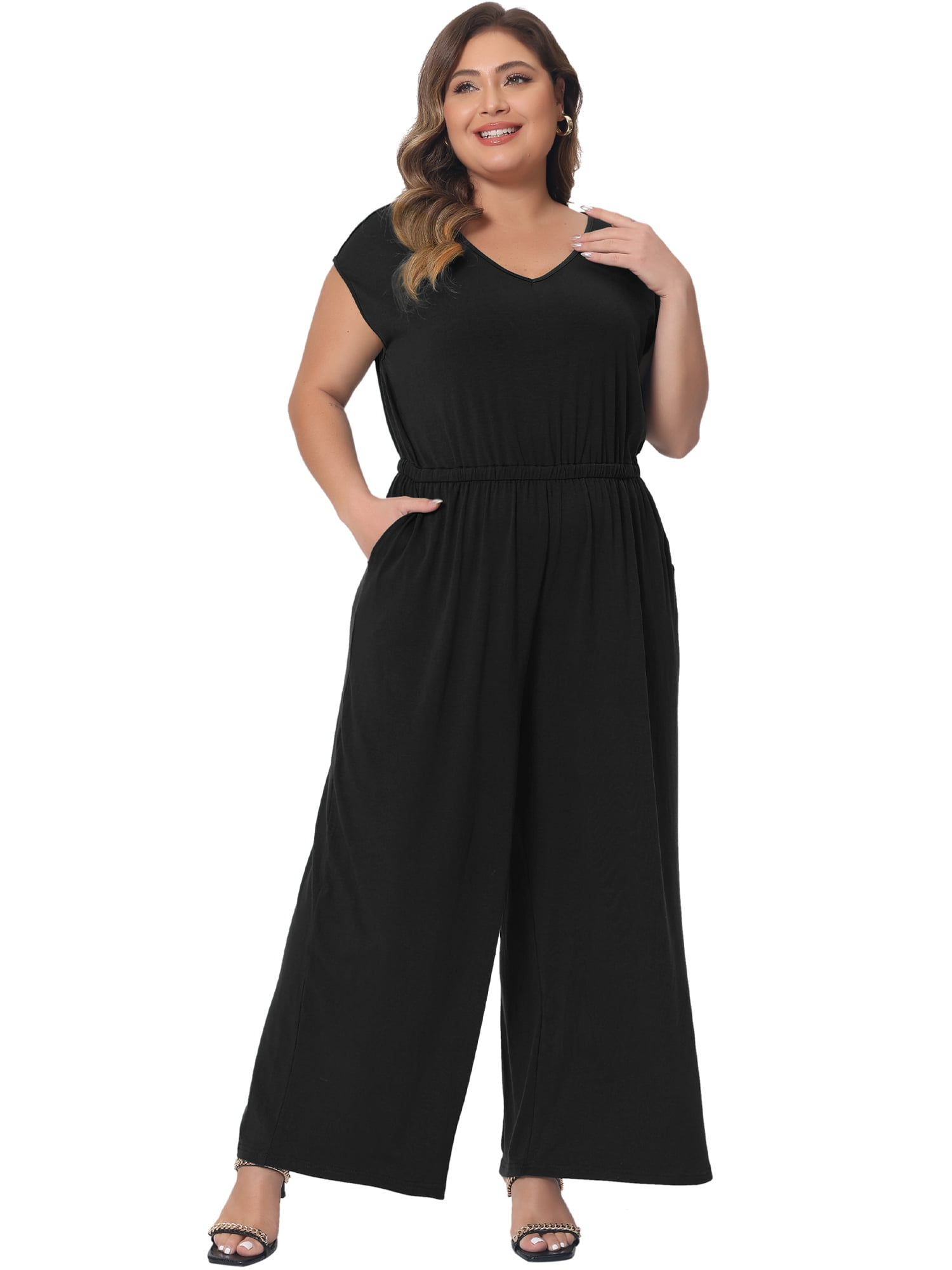 DARING DIVA Women's Plus Overall Rompers with V Neck and Sleeveless Design 4XL Black
