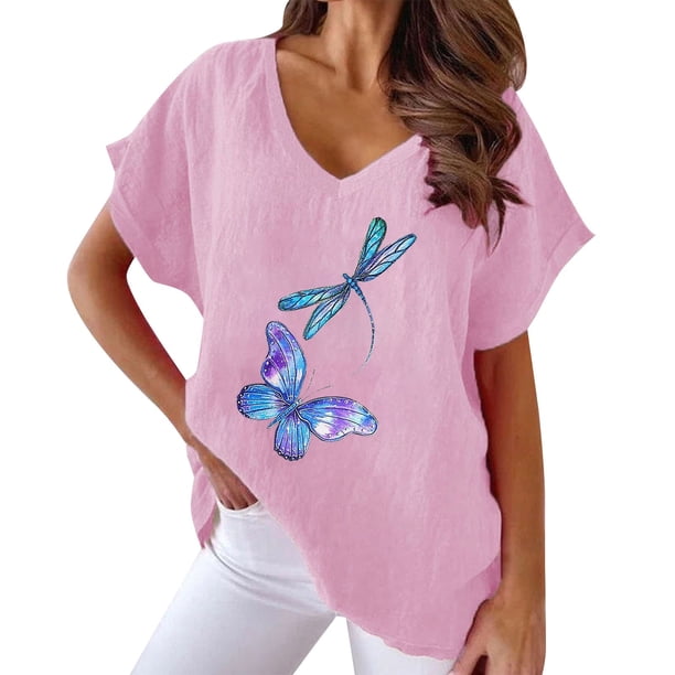 Gibobby Camisetas de verano para mujer Camiseta informal suelta con cuello en V y estampado mariposas manga corta para mujer(Rojo,M)