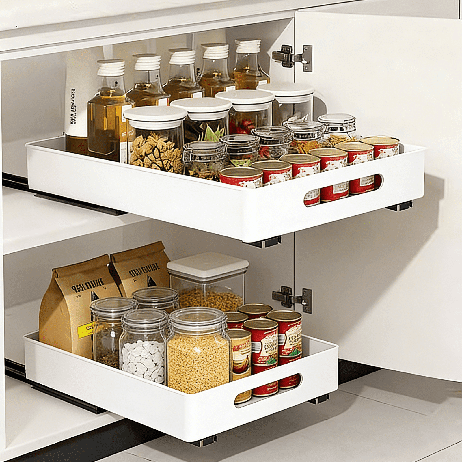 2 Pack Under Sink Pull Out Cabinet Organizer, Drawer Slide Out Storage Basket with Rails, White Single Layer Kitchen Organizer, Large & Small Sink Storage Box for Bathroom Kitchen