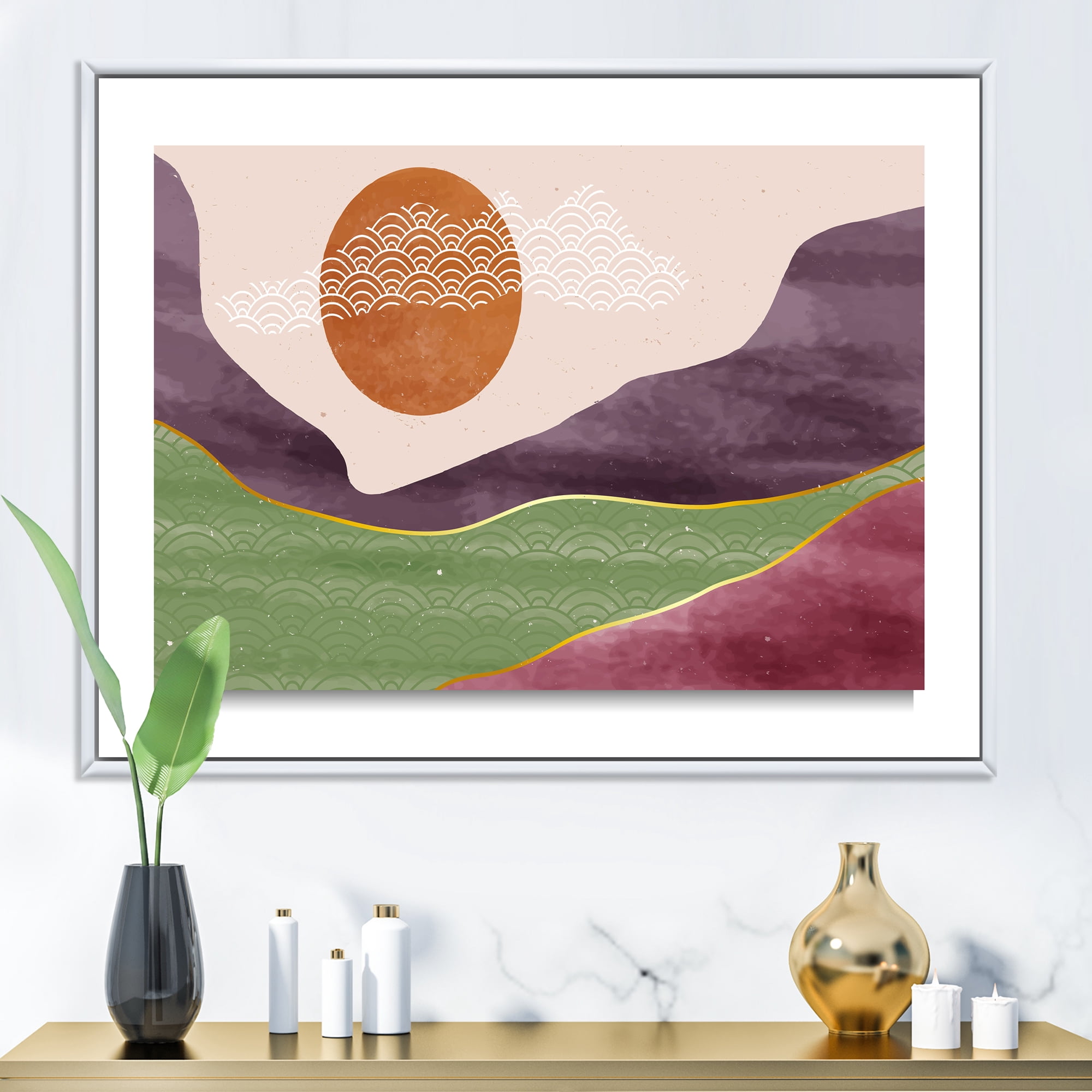 Designart 'Abstract Landscapes With Mountain River and Moon' Modern Framed Canvas Wall Art Print