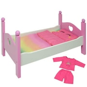 Unicorn Wooden Doll Bed - Fits 18 inch and American Girl Dolls - Includes Unicorn Bedding and Doll Pajamas