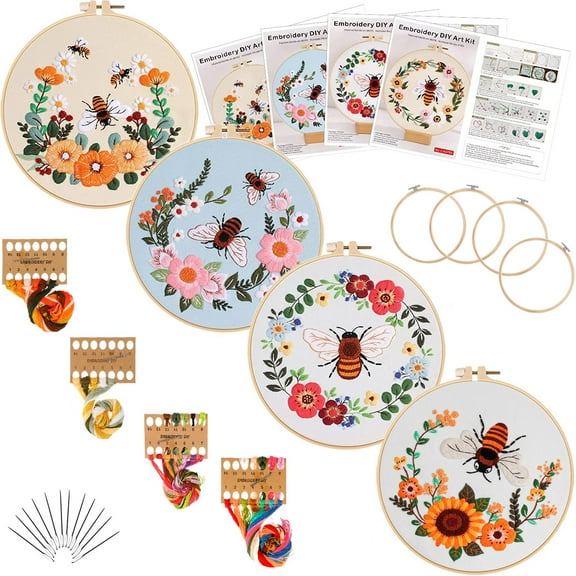 4 Sets Embroidery Starter Kit, Cross Stitch Set Beginner Embroidery Kit with Embroidery Patterns, Embroidery Kit with Embroidery Hoops and Color Threads for Adults Beginners