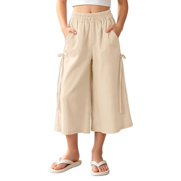 VBEWZET Girls Ice Silk Wide Leg Culottes, Elastic Waist Flowy Capri Pants Elastic Waist Casual Summer Trousers for Kids & 5-15 Years Beige 7-8 Years