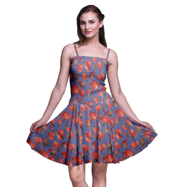 Bimba Robe Cocktail au-Dessus du Genou Smockée Florale pour Femmes Robe d'Été Fluide-Large