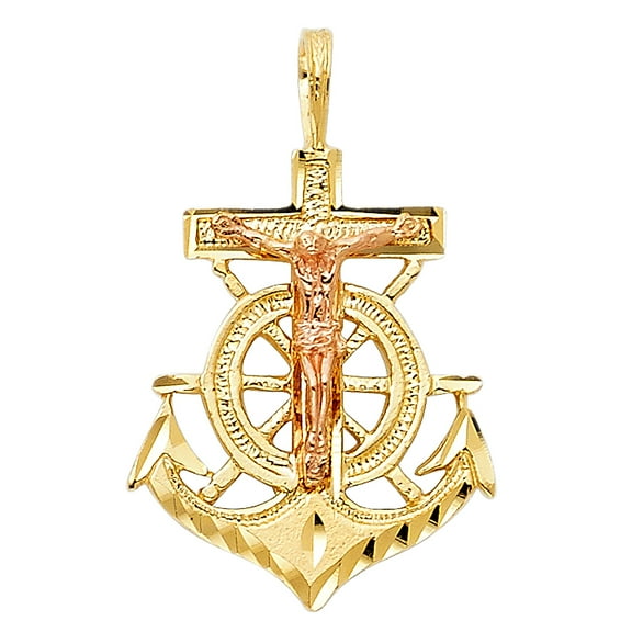 14k Two-Color Gold 3D Precision-Cut Crucifix Anchor Cross Christian Pendant Jewelry Female Unisex